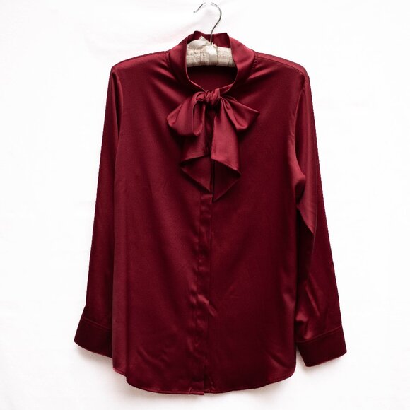 Wallmann Tops - Wallmann Austria Silk Satin Blouse Small Burgundy Red Bow Tie Collar Stretch